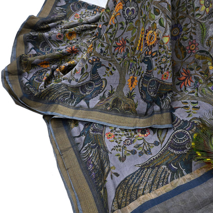 Indian Vintage Sari Gray  Blend Silk Woven Digital Printed Saree Craft Fabric 5yd Soft Dress Designing Crafting Quilting Zari Border