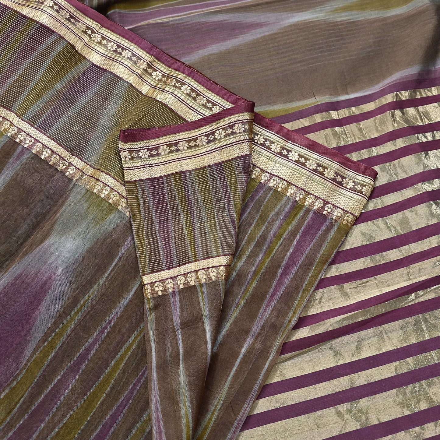 Indian Vintage Sari Green & Purple Pure Organza Silk Hand Woven Sarees 5Yd Zari Border Ethnic Craft Fabric Bollywood Sarees Crafting Upcycle