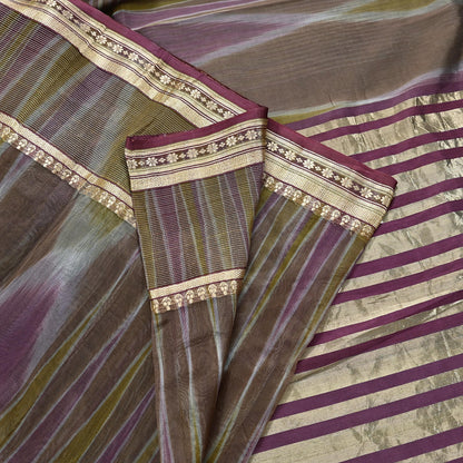 Indian Vintage Sari Green & Purple Pure Organza Silk Hand Woven Sarees 5Yd Zari Border Ethnic Craft Fabric Bollywood Sarees Crafting Upcycle