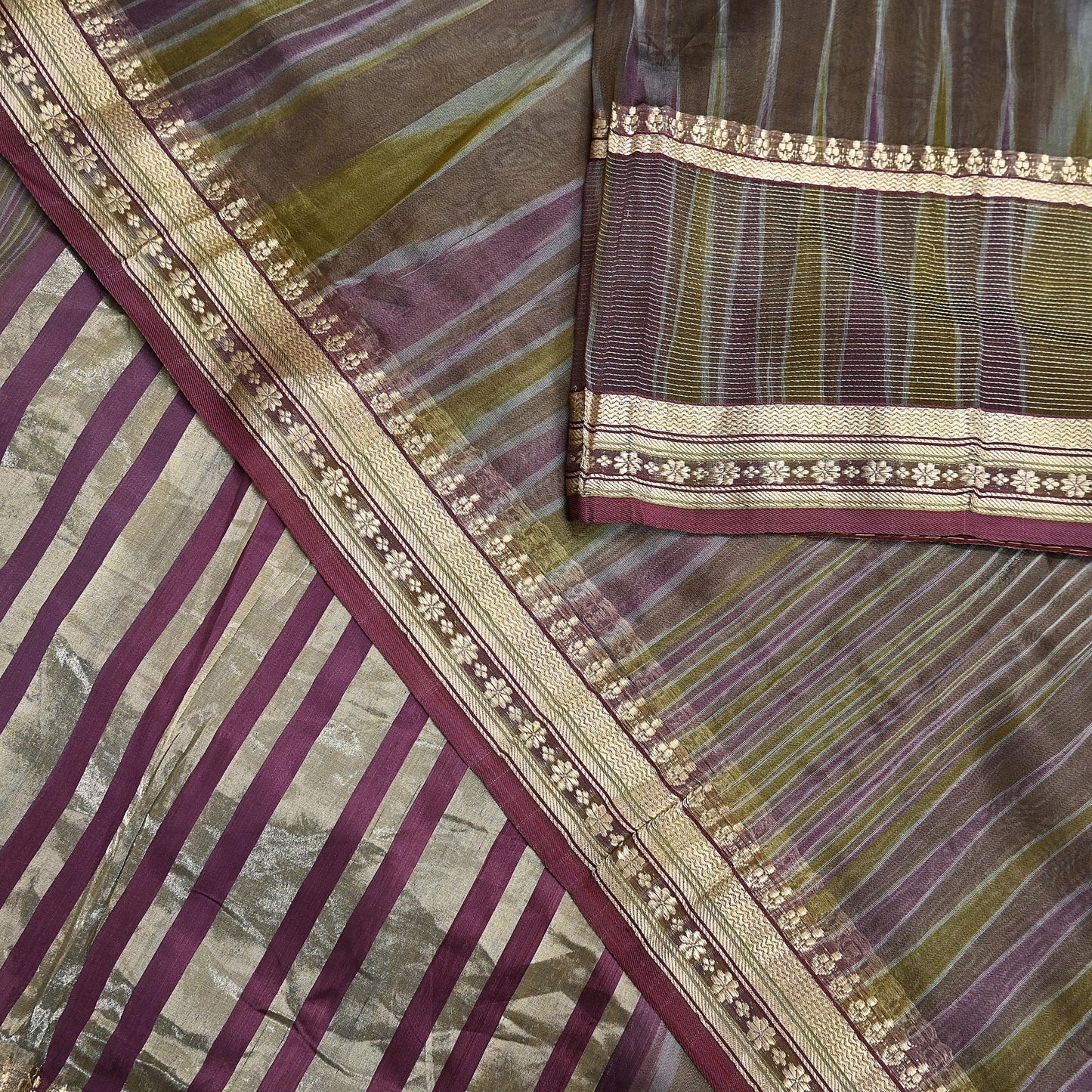 Indian Vintage Sari Green & Purple Pure Organza Silk Hand Woven Sarees 5Yd Zari Border Ethnic Craft Fabric Bollywood Sarees Crafting Upcycle