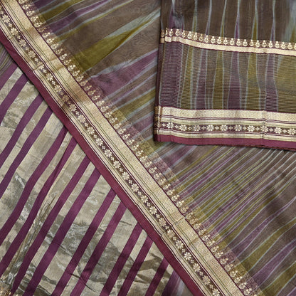 Indian Vintage Sari Green & Purple Pure Organza Silk Hand Woven Sarees 5Yd Zari Border Ethnic Craft Fabric Bollywood Sarees Crafting Upcycle