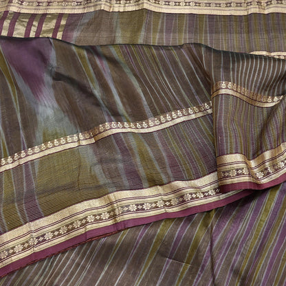 Indian Vintage Sari Green & Purple Pure Organza Silk Hand Woven Sarees 5Yd Zari Border Ethnic Craft Fabric Bollywood Sarees Crafting Upcycle