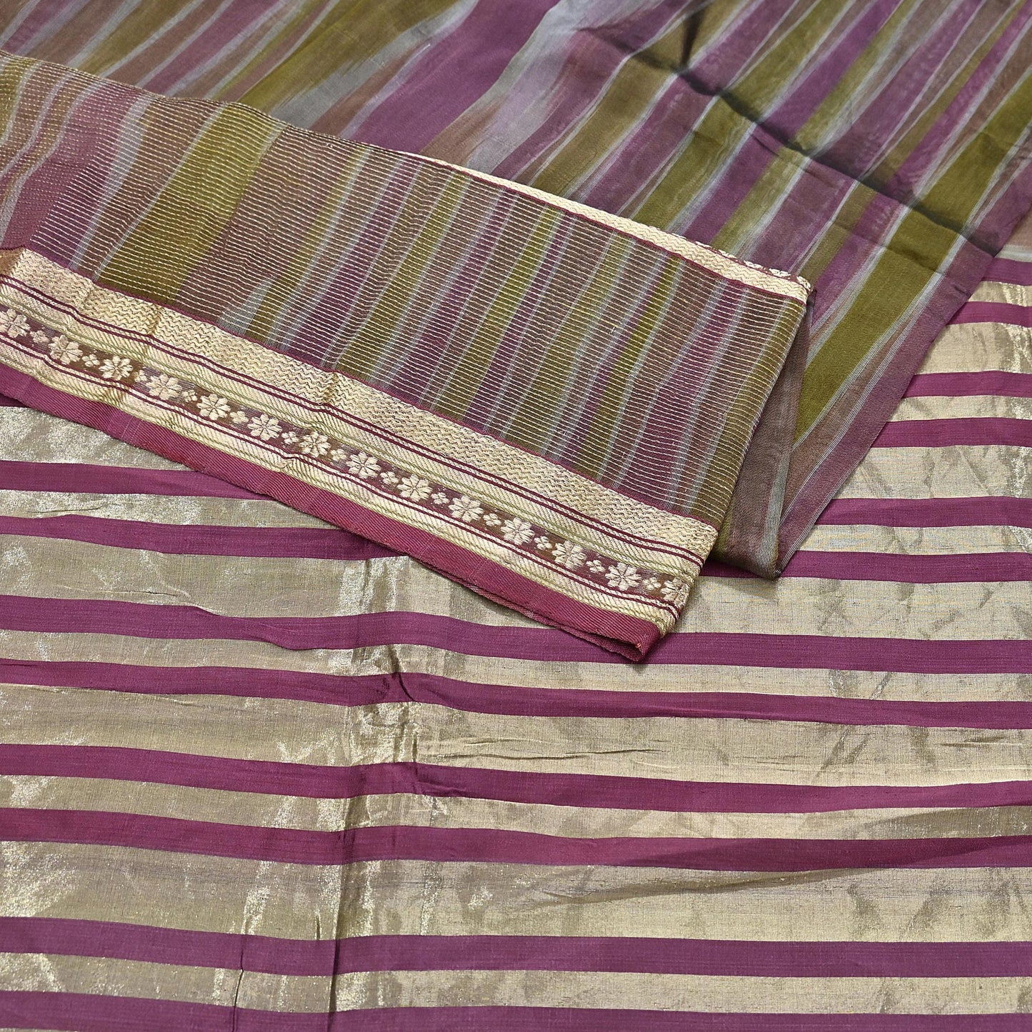 Indian Vintage Sari Green & Purple Pure Organza Silk Hand Woven Sarees 5Yd Zari Border Ethnic Craft Fabric Bollywood Sarees Crafting Upcycle