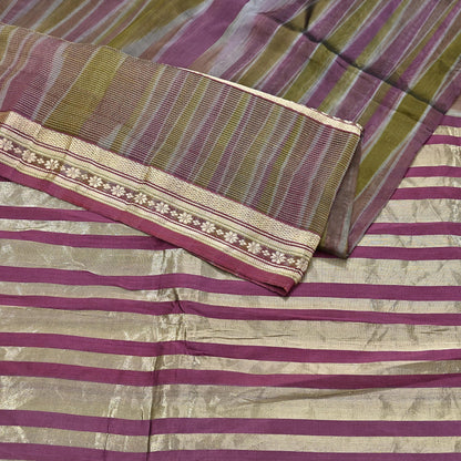 Indian Vintage Sari Green & Purple Pure Organza Silk Hand Woven Sarees 5Yd Zari Border Ethnic Craft Fabric Bollywood Sarees Crafting Upcycle