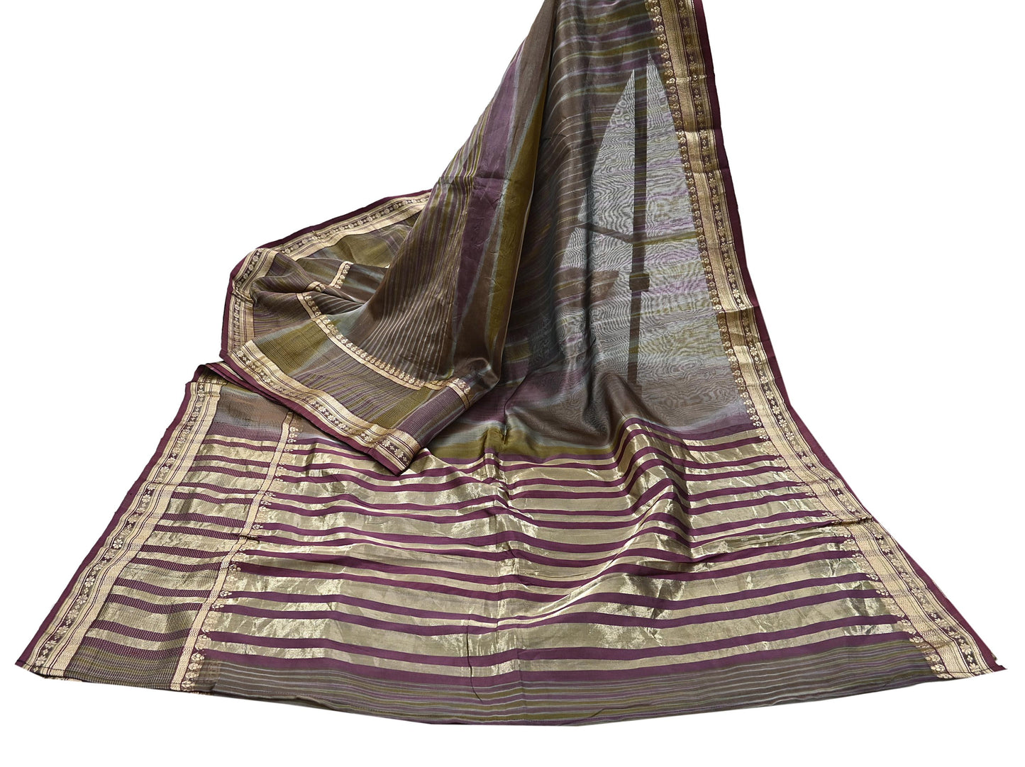 Indian Vintage Sari Green & Purple Pure Organza Silk Hand Woven Sarees 5Yd Zari Border Ethnic Craft Fabric Bollywood Sarees Crafting Upcycle