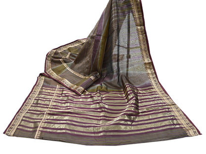 Indian Vintage Sari Green & Purple Pure Organza Silk Hand Woven Sarees 5Yd Zari Border Ethnic Craft Fabric Bollywood Sarees Crafting Upcycle