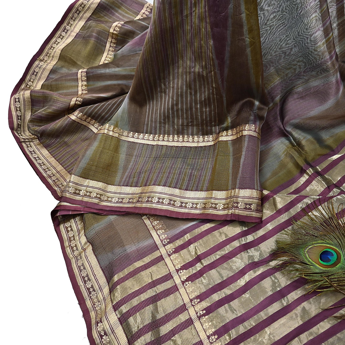 Indian Vintage Sari Green & Purple Pure Organza Silk Hand Woven Sarees 5Yd Zari Border Ethnic Craft Fabric Bollywood Sarees Crafting Upcycle