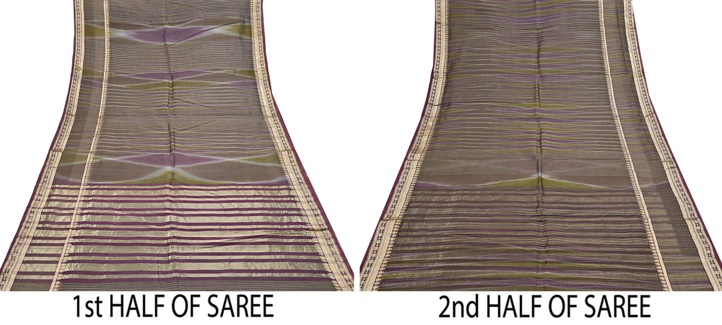 Indian Vintage Sari Green & Purple Pure Organza Silk Hand Woven Sarees 5Yd Zari Border Ethnic Craft Fabric Bollywood Sarees Crafting Upcycle