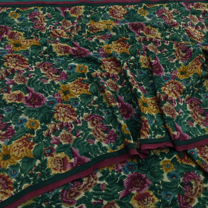 Indian Vintage Sari Green Pure Crepe Silk Printed Sarees 5yd Sewing Floral Soft Craft Fabric Wrap Dress Making Crafting Quilting Upcycle