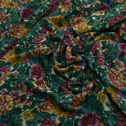 Indian Vintage Sari Green Pure Crepe Silk Printed Sarees 5yd Sewing Floral Soft Craft Fabric Wrap Dress Making Crafting Quilting Upcycle