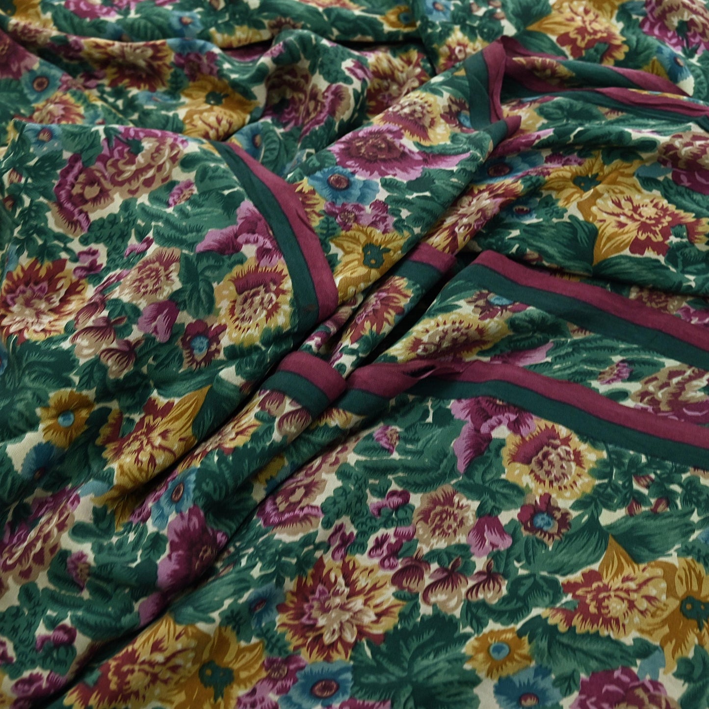 Indian Vintage Sari Green Pure Crepe Silk Printed Sarees 5yd Sewing Floral Soft Craft Fabric Wrap Dress Making Crafting Quilting Upcycle