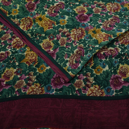 Indian Vintage Sari Green Pure Crepe Silk Printed Sarees 5yd Sewing Floral Soft Craft Fabric Wrap Dress Making Crafting Quilting Upcycle