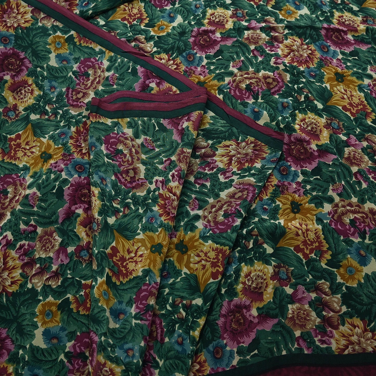Indian Vintage Sari Green Pure Crepe Silk Printed Sarees 5yd Sewing Floral Soft Craft Fabric Wrap Dress Making Crafting Quilting Upcycle