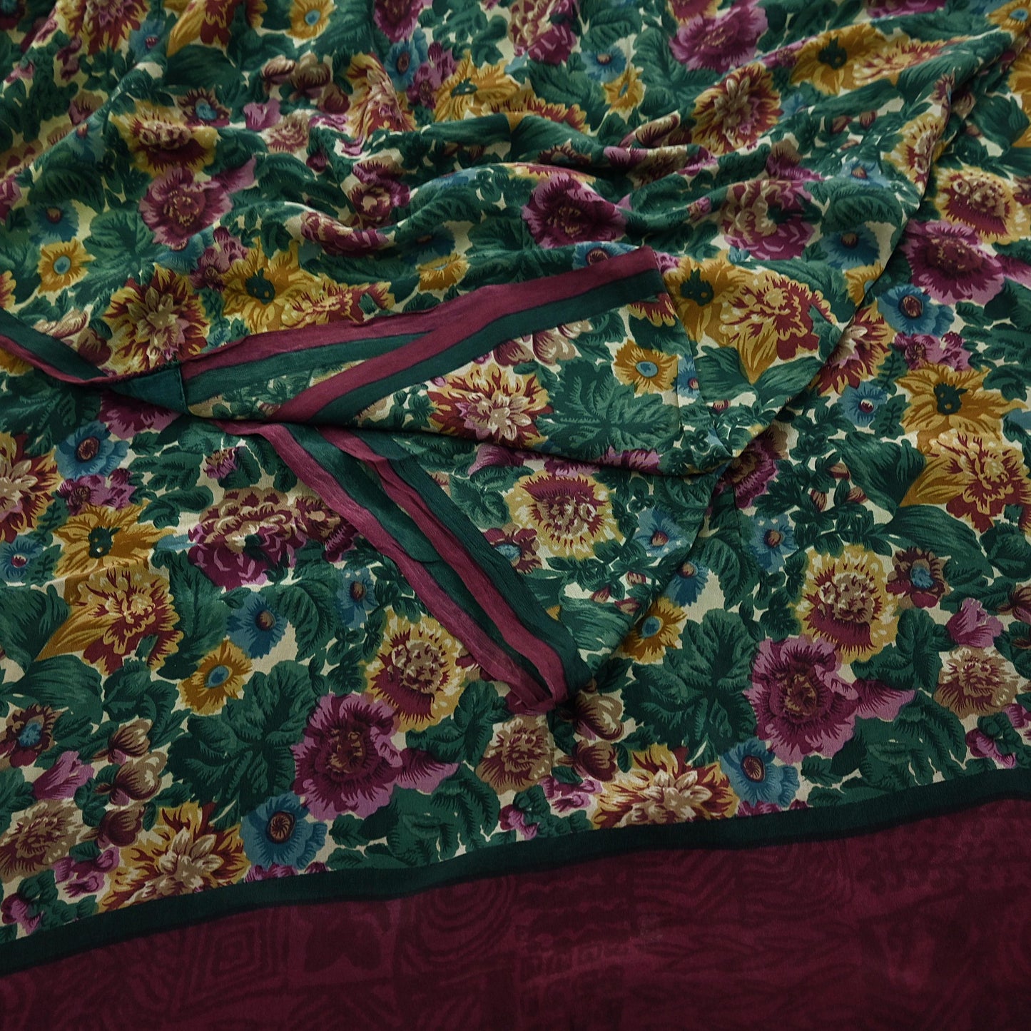 Indian Vintage Sari Green Pure Crepe Silk Printed Sarees 5yd Sewing Floral Soft Craft Fabric Wrap Dress Making Crafting Quilting Upcycle