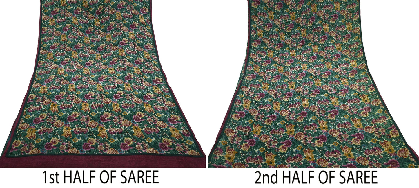 Indian Vintage Sari Green Pure Crepe Silk Printed Sarees 5yd Sewing Floral Soft Craft Fabric Wrap Dress Making Crafting Quilting Upcycle