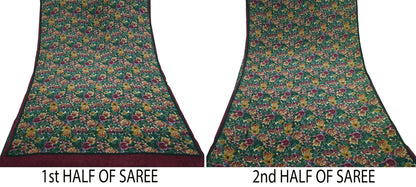 Indian Vintage Sari Green Pure Crepe Silk Printed Sarees 5yd Sewing Floral Soft Craft Fabric Wrap Dress Making Crafting Quilting Upcycle