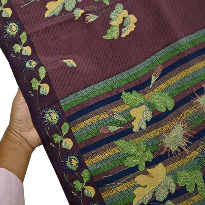 Indian Vintage Purple Pure Crepe Silk Saree Floral Print 6 Yards Soft Sewing Fabric for Dressmaking, Quilting, Crafting Upcycling