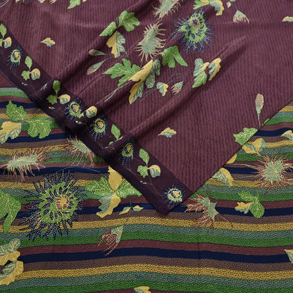 Indian Vintage Purple Pure Crepe Silk Saree Floral Print 6 Yards Soft Sewing Fabric for Dressmaking, Quilting, Crafting Upcycling