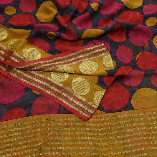 Women Vintage Sari Saffron & Gray Pure Georgette Silk Printed Saree Craft Fabric Sewing 5Yard Soft Light Dress Making Polka Dot Zari Border
