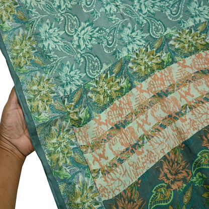Vintage Gray & Green Pure Silk Saree Indian Printed Floral Silk Fabric 5 Yard Soft Sewing Material for Dressmaking, Quilting Crafts