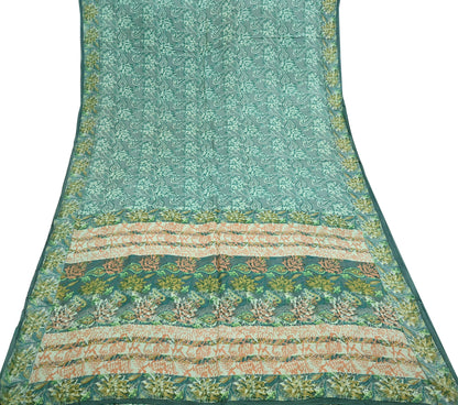 Vintage Gray & Green Pure Silk Saree Indian Printed Floral Silk Fabric 5 Yard Soft Sewing Material for Dressmaking, Quilting Crafts