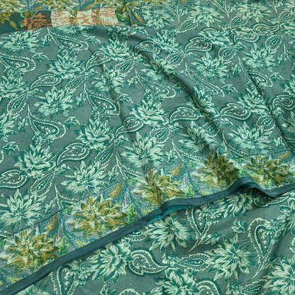Vintage Gray & Green Pure Silk Saree Indian Printed Floral Silk Fabric 5 Yard Soft Sewing Material for Dressmaking, Quilting Crafts
