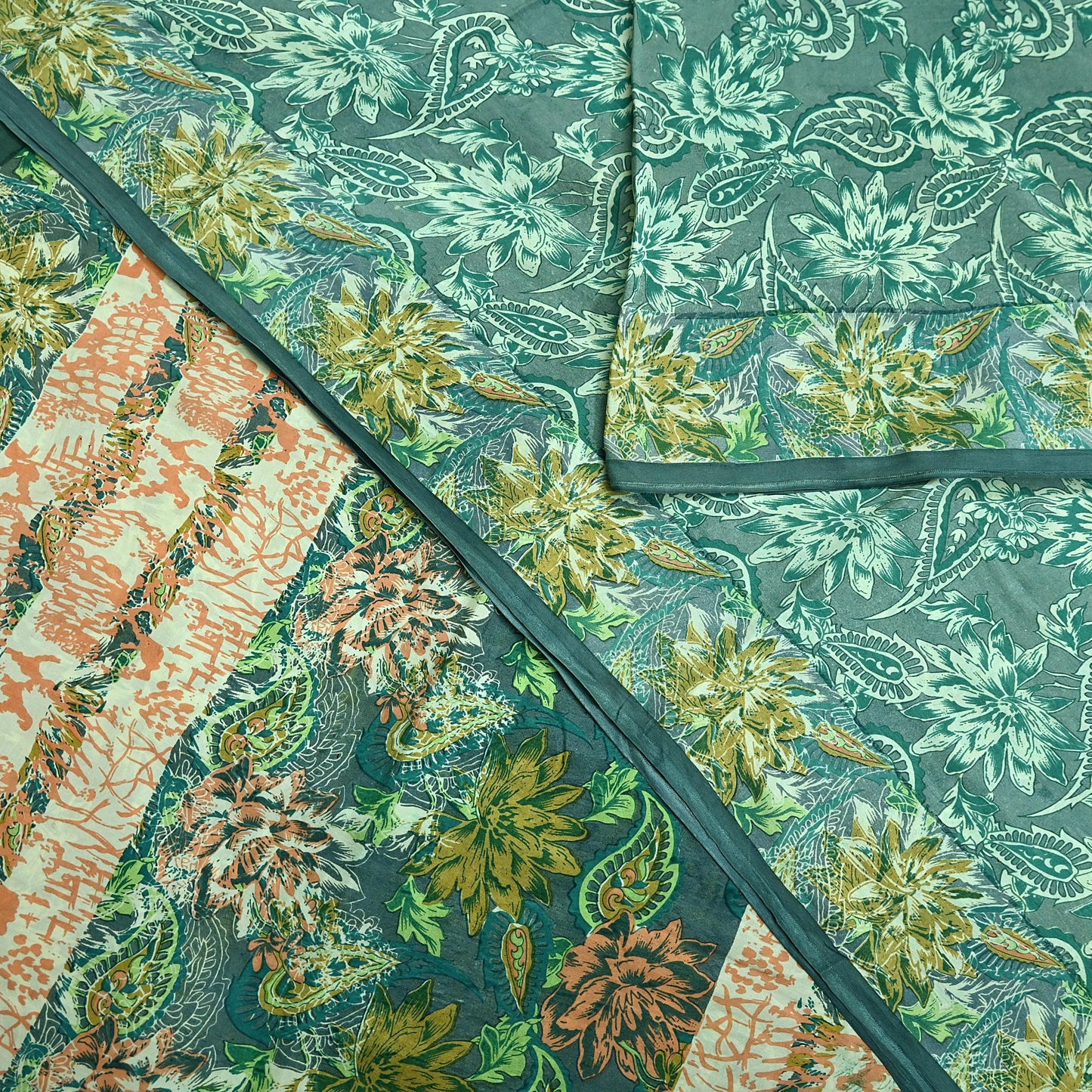 Vintage Gray & Green Pure Silk Saree Indian Printed Floral Silk Fabric 5 Yard Soft Sewing Material for Dressmaking, Quilting Crafts