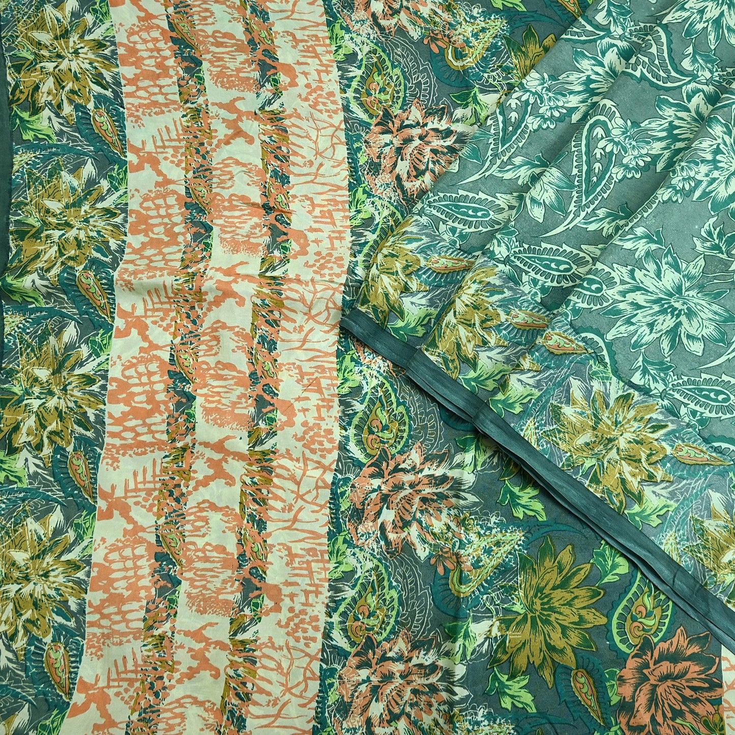 Vintage Gray & Green Pure Silk Saree Indian Printed Floral Silk Fabric 5 Yard Soft Sewing Material for Dressmaking, Quilting Crafts