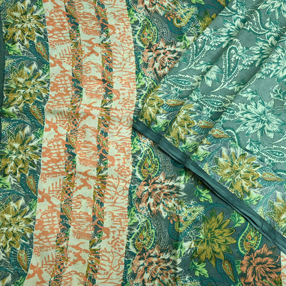 Vintage Gray & Green Pure Silk Saree Indian Printed Floral Silk Fabric 5 Yard Soft Sewing Material for Dressmaking, Quilting Crafts