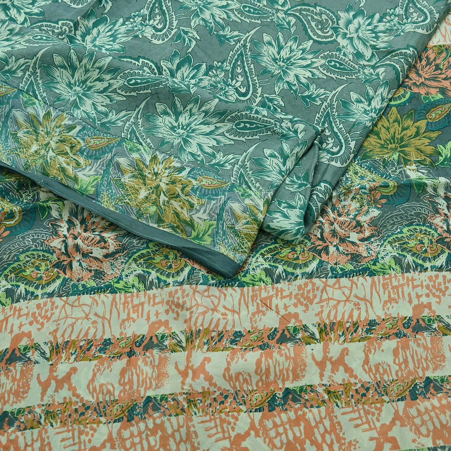 Vintage Gray & Green Pure Silk Saree Indian Printed Floral Silk Fabric 5 Yard Soft Sewing Material for Dressmaking, Quilting Crafts