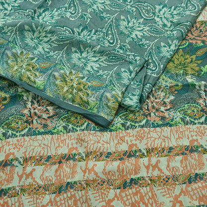 Vintage Gray & Green Pure Silk Saree Indian Printed Floral Silk Fabric 5 Yard Soft Sewing Material for Dressmaking, Quilting Crafts