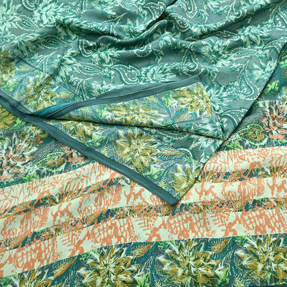 Vintage Gray & Green Pure Silk Saree Indian Printed Floral Silk Fabric 5 Yard Soft Sewing Material for Dressmaking, Quilting Crafts