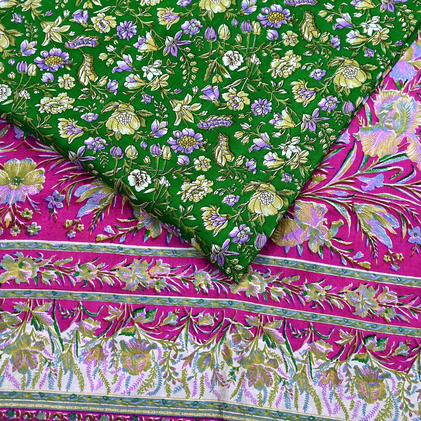 Vintage Indian Silk Saree Fabric: Pink & Green Floral Print, yd craft fabric quilting crafting