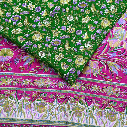 Vintage Indian Silk Saree Fabric: Pink & Green Floral Print, yd craft fabric quilting crafting