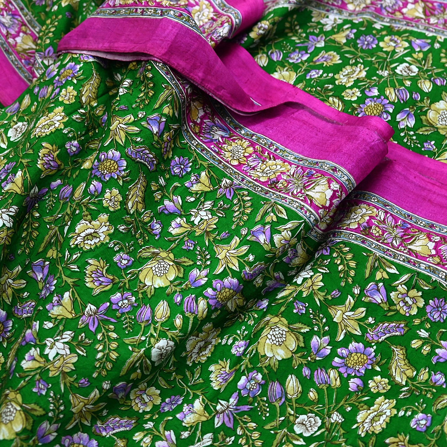 Vintage Indian Silk Saree Fabric: Pink & Green Floral Print, yd craft fabric quilting crafting