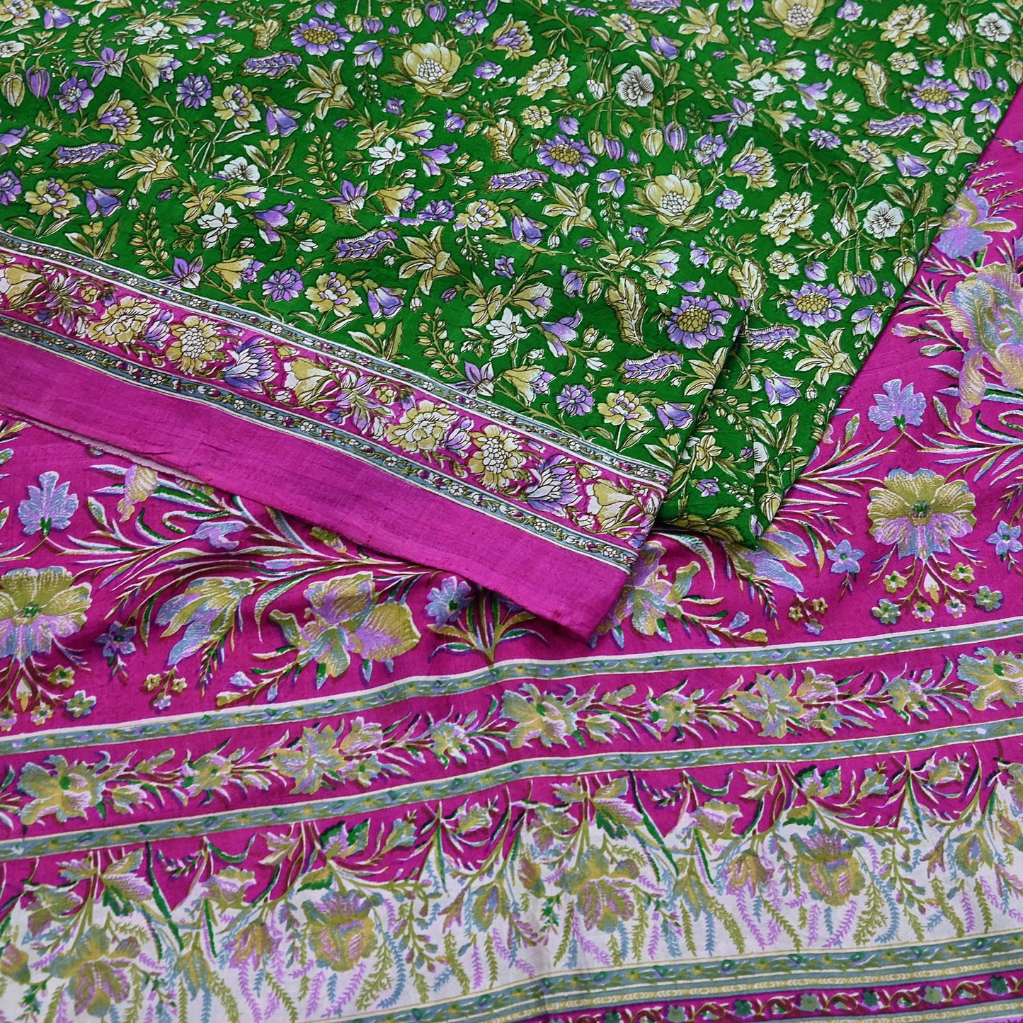 Vintage Indian Silk Saree Fabric: Pink & Green Floral Print, yd craft fabric quilting crafting