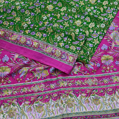 Vintage Indian Silk Saree Fabric: Pink & Green Floral Print, yd craft fabric quilting crafting