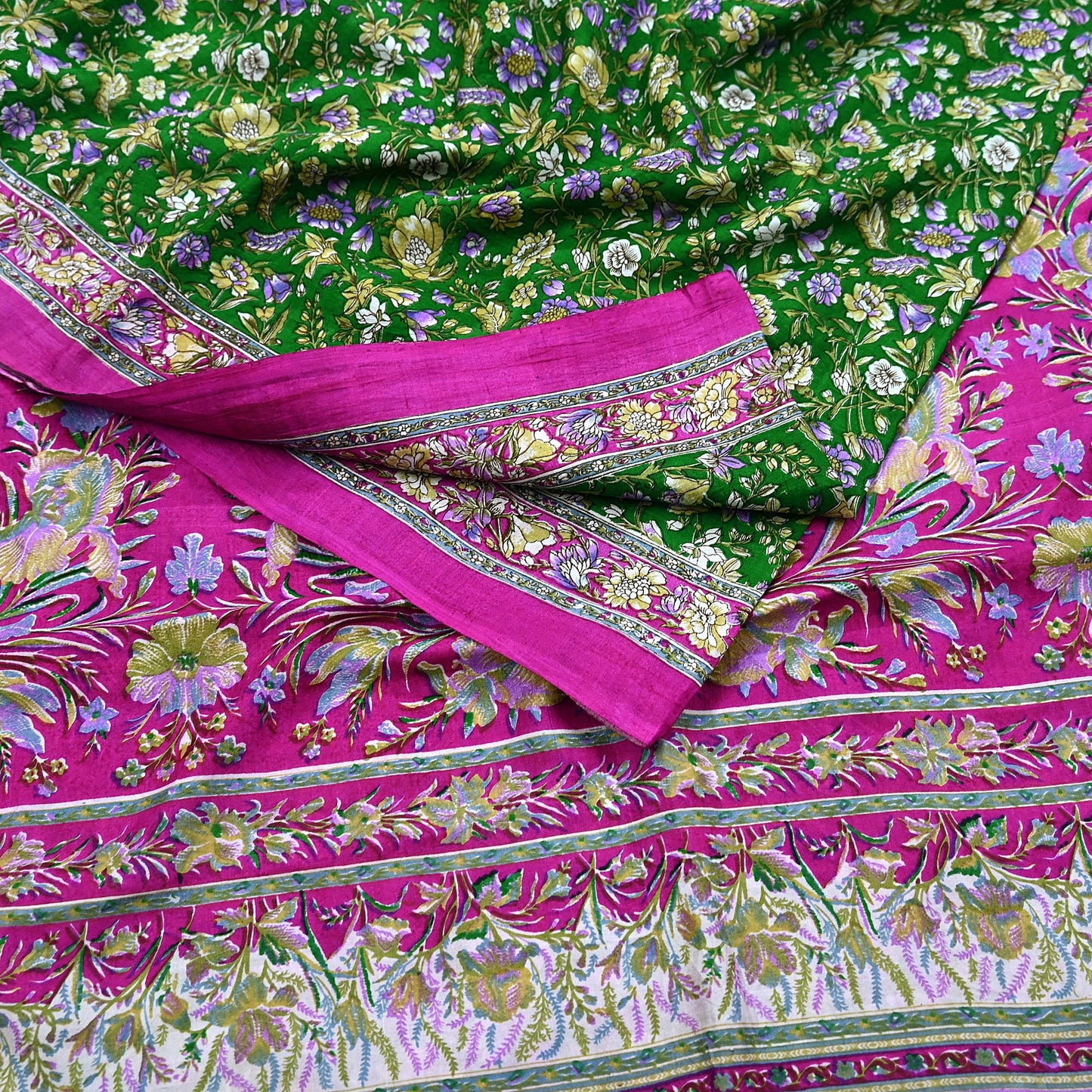 Vintage Indian Silk Saree Fabric: Pink & Green Floral Print, yd craft fabric quilting crafting