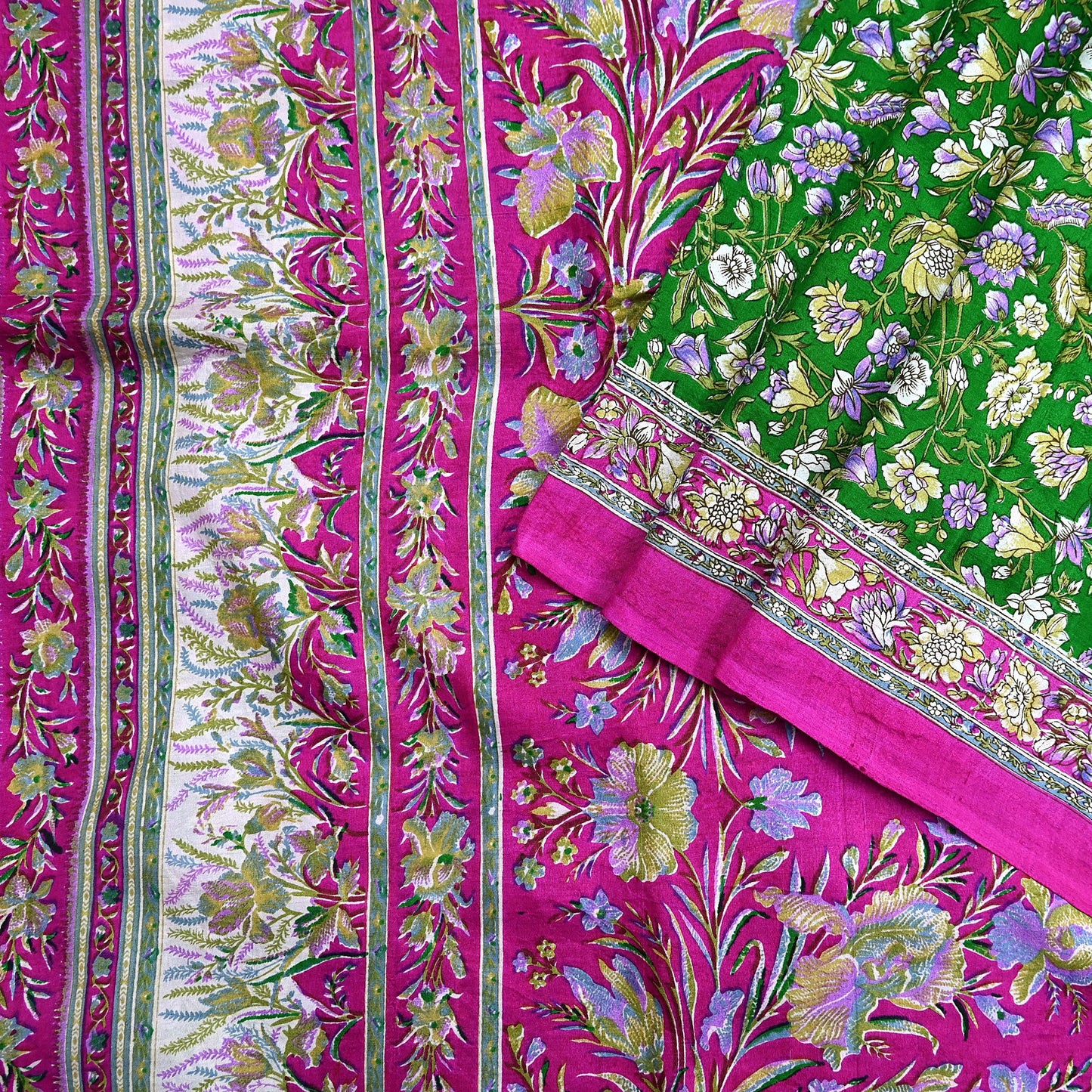 Vintage Indian Silk Saree Fabric: Pink & Green Floral Print, yd craft fabric quilting crafting