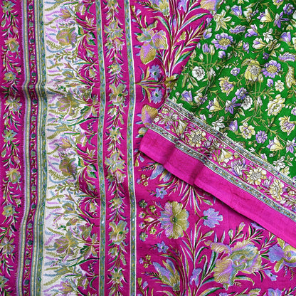 Vintage Indian Silk Saree Fabric: Pink & Green Floral Print, yd craft fabric quilting crafting