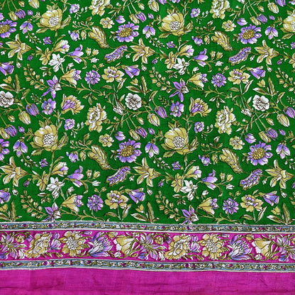 Vintage Indian Silk Saree Fabric: Pink & Green Floral Print, yd craft fabric quilting crafting