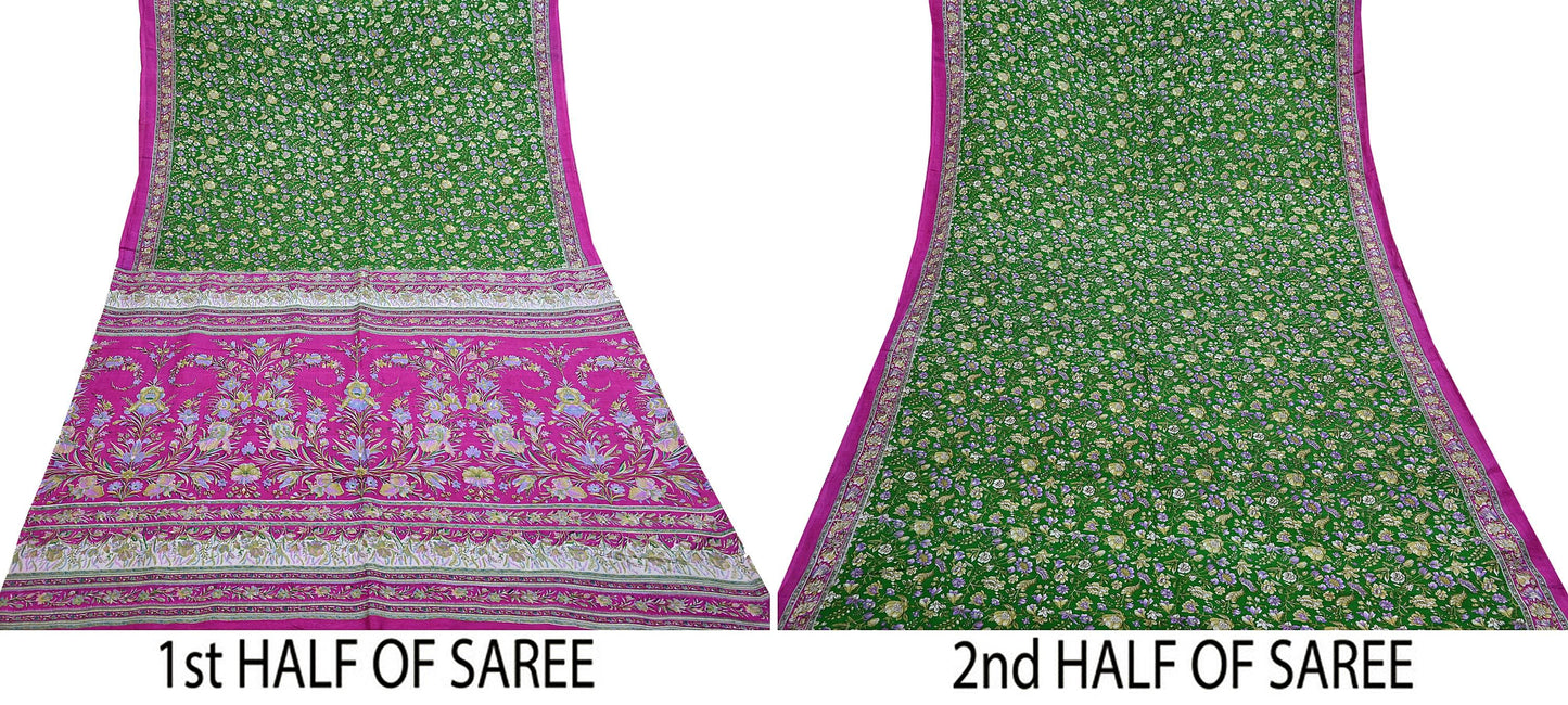 Vintage Indian Silk Saree Fabric: Pink & Green Floral Print, yd craft fabric quilting crafting