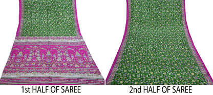 Vintage Indian Silk Saree Fabric: Pink & Green Floral Print, yd craft fabric quilting crafting