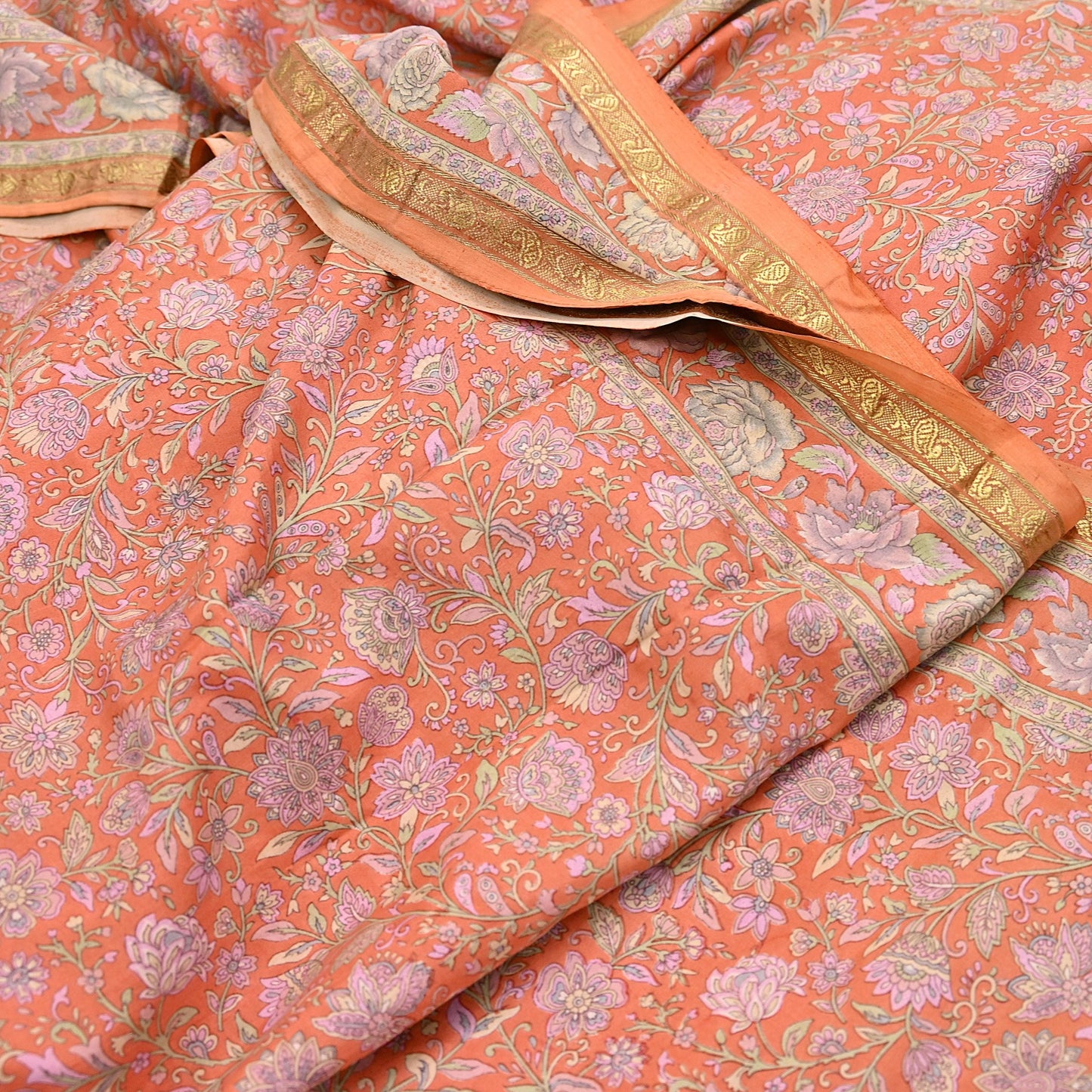 Indian Vintage Sari Orange 100% Pure Silk Printed Saree Craft Fabric 5yd Sewing Dress Making Soft Wrap Paisley Quilting Crafting Upcycle