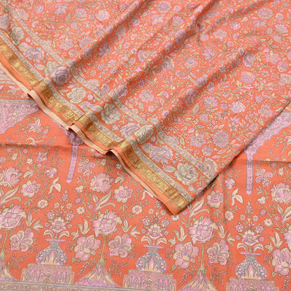 Indian Vintage Sari Orange 100% Pure Silk Printed Saree Craft Fabric 5yd Sewing Dress Making Soft Wrap Paisley Quilting Crafting Upcycle