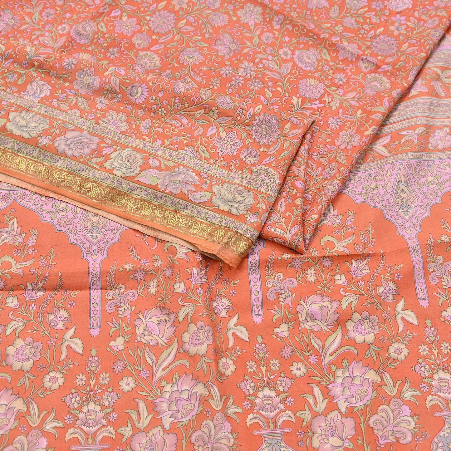 Indian Vintage Sari Orange 100% Pure Silk Printed Saree Craft Fabric 5yd Sewing Dress Making Soft Wrap Paisley Quilting Crafting Upcycle