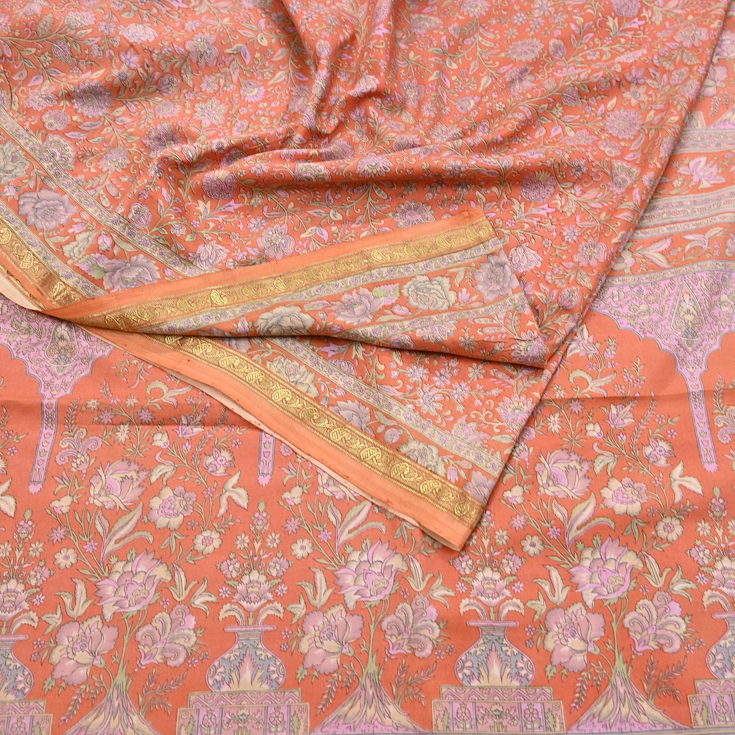 Indian Vintage Sari Orange 100% Pure Silk Printed Saree Craft Fabric 5yd Sewing Dress Making Soft Wrap Paisley Quilting Crafting Upcycle