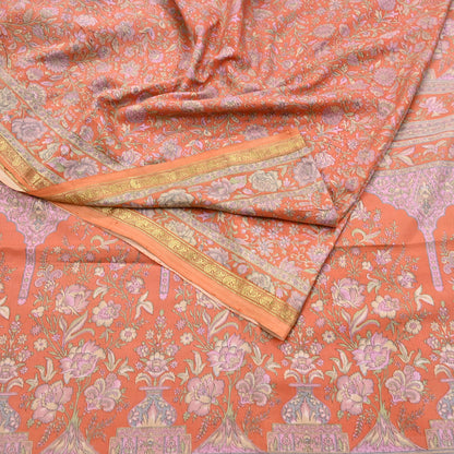 Indian Vintage Sari Orange 100% Pure Silk Printed Saree Craft Fabric 5yd Sewing Dress Making Soft Wrap Paisley Quilting Crafting Upcycle
