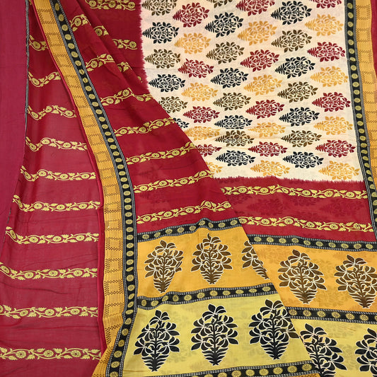 Indian Vintage Sari Red & Ivory Printed 100% Pure Cotton Sarees Craft Fabric 5Yard Sewing Sarong Wrap Boho Floral Dress making Quilting Soft