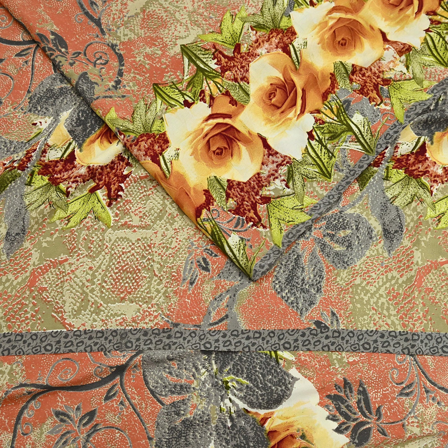 Indian Vintage Moss Crepe Saree Printed Floral Sari Fabric 6 Yards Soft Craft Fabric for Sewing, Dressmaking, Quilting,Upcycling